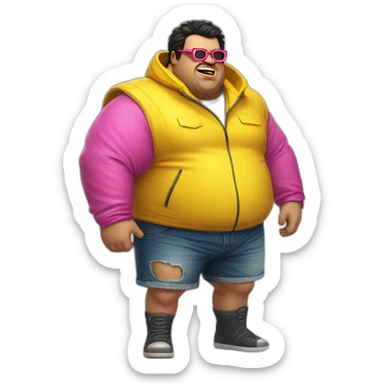 fat man with dark hair,a vibrant long yellow jacket, pink glasses, short jeans shorts. Show full lenght peson, person fighting a monster as superhero sticker
