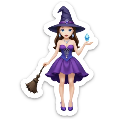 sexy woman brunette, very large breasts, pale skin, blue eyes, long brown hair, short purple strapless dress, witch hat, pearl earrings, smirking, in high heels, standing, head to toe, full body, zoomed out, entire outfit visible sticker