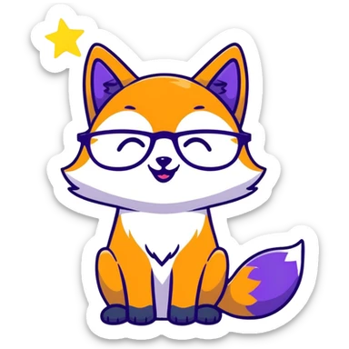 A magical fox with shimmering purple and blue fur, a glowing tail, a silver star on its forehead, and round glasses, laughing so hard that tears are streaming from its eyes sticker