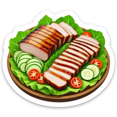 Samgyeopsal Cinematic Realistic Samgyeopsal Dish Emoji, depicted as slices of grilled pork belly served in crisp lettuce leaves with assorted fresh vegetables, rendered with dynamic textures and appetizing, natural lighting. sticker