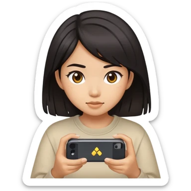 Dark haired Asian girl playing video games on her iPhone sticker