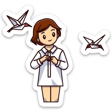 A happy Ukrainian young girl with brown hair in a white embroidered shirt makes an origami of a yellow and blue crane sticker