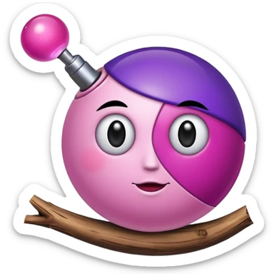 A half pink half purple ball with a face and a wooden stem followed by a glass stem on top of the wood stem tilted 90 degrees sticker