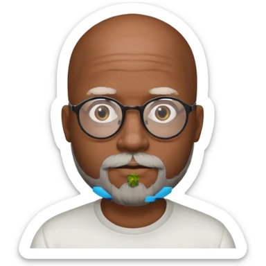 African american male, bald, salt and pepper beard. Round face, glasses sticker