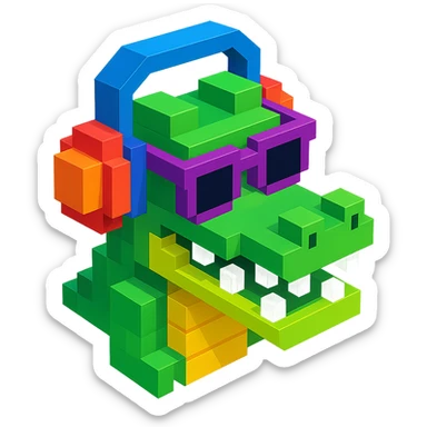 voxel style crocodile with headphones and sunglasses, isometric view sticker