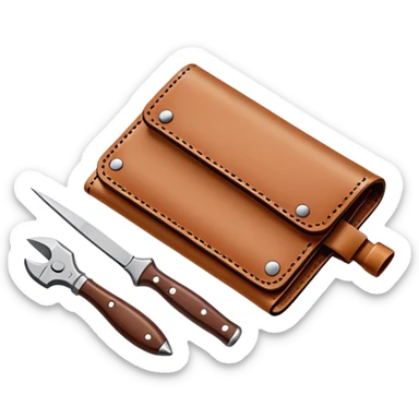 Leatherworking icon, piece of raw leather being crafted into a leather wallet or belt with engraving, professional tools like leather stitching awl, edge beveler, hammer, prying tool, minimalistic style, clean lines, transparent background. sticker