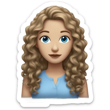 Pale woman with long mid brown curly hair and blue eyes sticker