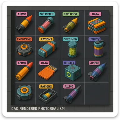 a virtual display, a gray grid with darker gray cells, each cell containing an item viewed in isometric minimalism render The cells have pastel neon colored labels in their upper corner, indicating various traits of the items. retrofuturism, circa 2880's.
The items are scientific and military in nature - varieties of munitions, scientific samples, rations, data storage, utilities. There are two arrays of grids, one left, one right. Each array has a few empty spaces at the bottom. "CAD RENDERED PHOTOREALISM" brutalism. the items are adorned in a combination of  bright colors, neon-safety, early 90's pallet, with muted gray tones in EVEN BALANCE. sticker