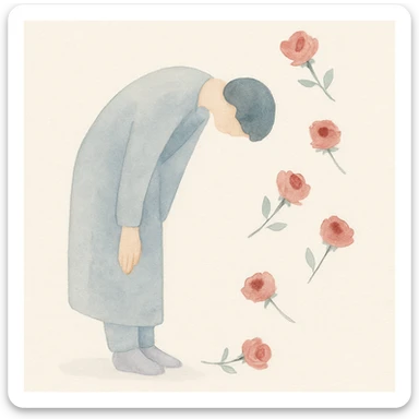 a figure bowing deeply as roses are tossed from the crowd, painterly emotional style sticker