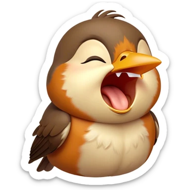 Cinematic Cute Yawning Robin Portrait Emoji, Head tilted slightly with a dramatic, wide-open yawn, showcasing a small, softly feathered body with gently drooping wings and sleepy, half-closed eyes, Simplified yet irresistibly adorable features, highly detailed, glowing with a soft, cozy glow, high shine, relaxed yet expressive, stylized with a dash of whimsical woodland charm, soft glowing outline, capturing the essence of a drowsy yet affectionate robin that appears ready to stretch out for a nap! sticker