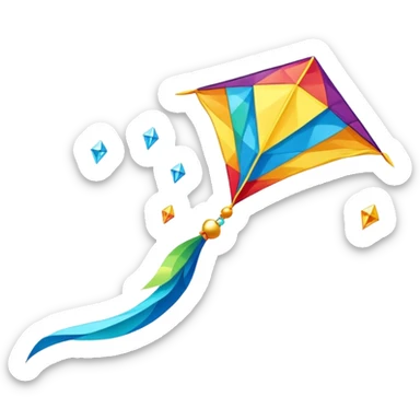 A colorful kite soaring high in the sky on a sunny day, with a long, flowing tail trailing behind. The background features an open field or beach, capturing the joy and freedom of flying kites, with gentle winds and a peaceful atmosphere. sticker