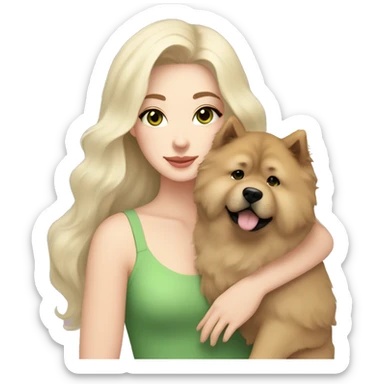 pretty woman with pale skin, very long black hair and green eyes and light pink outfit hugging a beige fluffy chow chow dog sticker