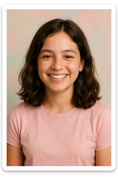 girl with medium length straight wavy hair, smiling, pastel background sticker