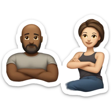 Bald brown woman laying in bed next to chubby tall white brunette man with a beard and a man bun  sticker