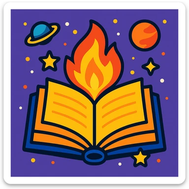 fun event icon with a book and fire, surrounded by stars and planets, space theme sticker