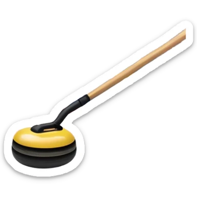please, An icon featuring the curling rink, with its distinctive circles and a vibrant crowd in the stands. Snowflakes fall outside the arena, and bright lights illuminate the ice. a close-up curling stone sliding across the ice, with a broom nearby. Transparent background. sticker