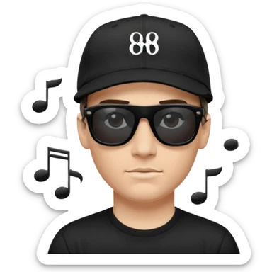 Emoji of a white man with short dark brown hair under a black baseball cap, wearing a black t‑shirt and 1980s‑style black Ray‑Ban rectangle sunglasses black lenses, with black musical notes floating around his head,  sticker