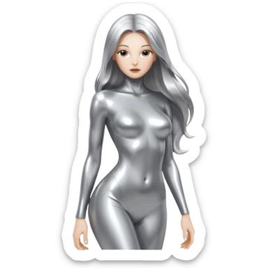abstract sensual skinny body silhouette, liquid silver chrome, smooth curves,chrome silver long hair, chrome metallic silver full face  and body, sensual poses sticker