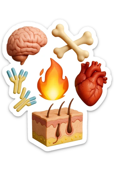 EMOJI STILE IPHONE 3D DI cervello, ossa, cuore, porzione di epidermide e cellule di anticorpi che girano in tondo, al centro di questi elementi c'è una fiamma 3d  FALLO MOLTO REALISTICO IN 3D sticker
