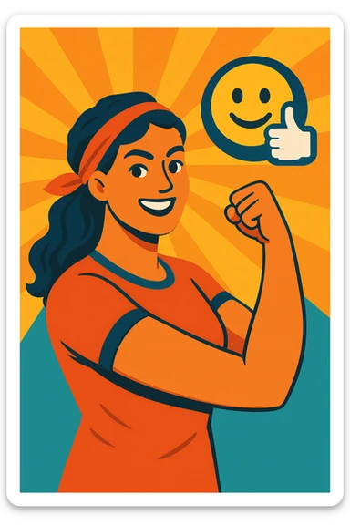 strong uplifting female figure radiating positivity and encouragement, modern friendly illustration style, Mutmacherin emoji or icon sticker
