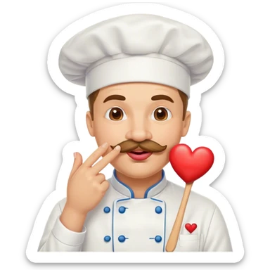 Happy Mustachioed chef with puckered lips kissing his pinched together fingertips hand with a heart emoji sticker