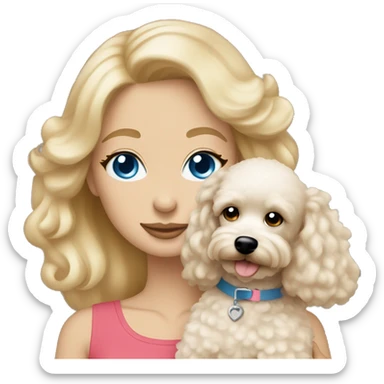 blonde woman straight hair blue eyes hugging cream colored poodle puppy sticker