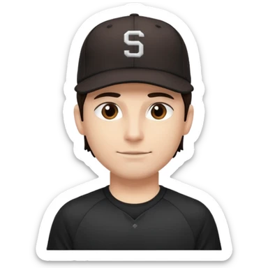 male, dark brown hair, dark brown eyes, fair skin, black baseball hat, dry fit tee sticker
