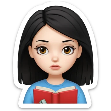 generate a pretty bratz girl with dark circles and a book in hand, looking tired. Messed up hair  sticker