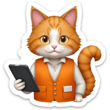 worker cat wearing orange west holding a tablet sticker