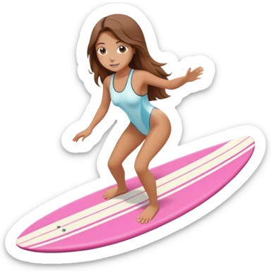 Girl with long brown hair surfing at pink short board in the white swimsuit  sticker