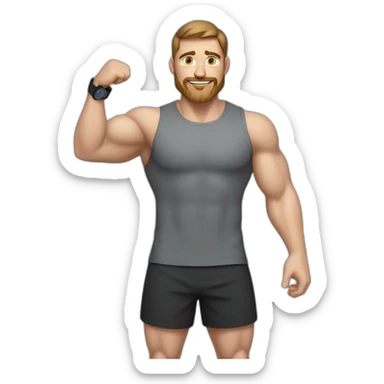 Close up Actively gesturing  with hands Pale skinned Fit Man With the biceps and brown hair in dark gray Sleeveless Mike, black oversize sports shorts, watch and white Sneakers sticker