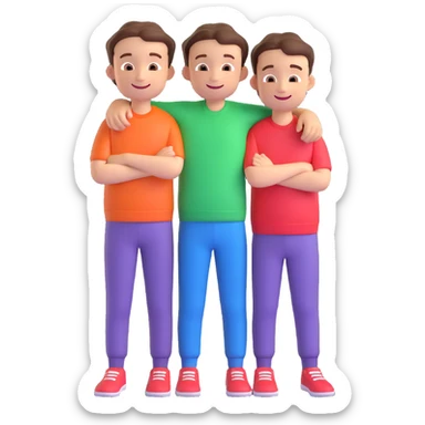 Two cartoon-style boys with similar features, arms around each other's shoulders, smiling, matching outfits, standing close, white background, emoji style sticker