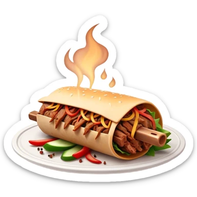 Cinematic Realistic Doner Kebab Dish Emoji, showcasing succulent, spiced meat shaved from a rotating spit rendered with lifelike detail and dynamic, appetizing lighting. sticker