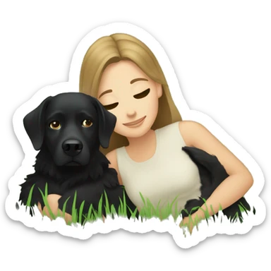 Bruenette white girl cuddling in grass with a black dog sticker