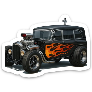 a cool hearse car, hot rod inspired, flames on the side, oversized wheels sticker