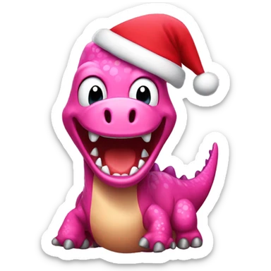 a happy pink dinosaur with a Santa hat sticker