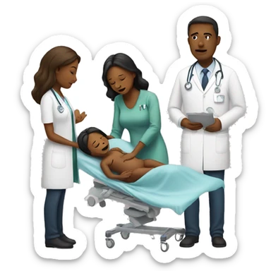 a woman gives birth and doctors stand nearby sticker