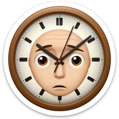 Create a hurried expression holding a clock sticker