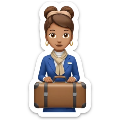 flight attendant, Light Brown skin, brown hair in single bun, neck scarf, suitcase sticker
