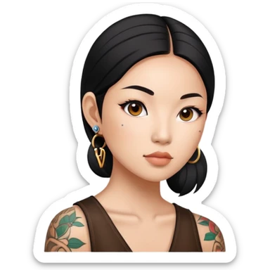 Asian woman with LV tattoo on left cheek sticker