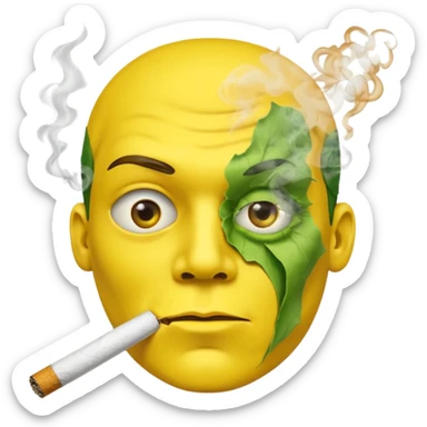 Hazme una carita amarilla aturdida con un cigarro en la boca soltando humo, el cigarro es de papel de liar y dentro está relleno de un tabaco verde sticker