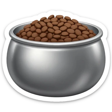 A silver metal bowl with deep brown flat rounded kibbles sticker
