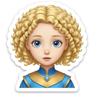 Cute fantasy character head with a large forehead, big bright blue eyes, and short, voluminous golden blond curly hair. Stylized, colorful, cartoon look focused on cuteness. sticker