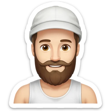 Alex Hormozi, white man with mid-long hair wearing a cap, big beard, smiling, white tank top sticker