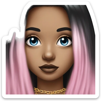 Hyperrealistic white girl with sky blue eyes and long black hair with pink fringe. Wearing gold chain necklace, gold diamond earrings and has dark eye makeup on her eyes sticker