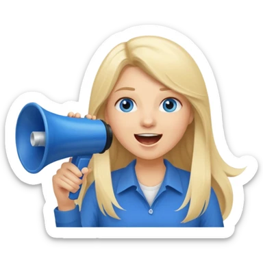 blue eyes blonde girl yelling into megaphone saying timeout long hair smiling sticker