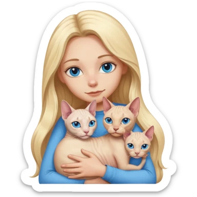 blonde girl with long hair and blue eyes cuddling a sphynx cat, emoji style sticker