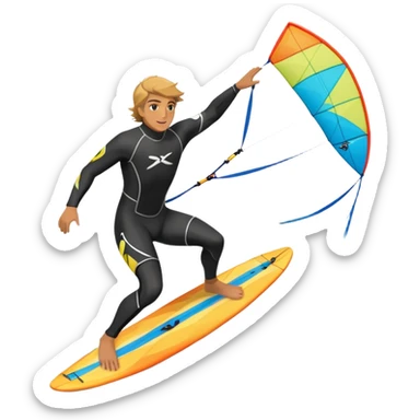 An athlete in a wetsuit riding a kiteboard, soaring over the sea waves with the kite high in the sky. The background features a vibrant blue sky and crashing ocean waves, capturing the thrill and freedom of kitesurfing in dynamic motion. sticker