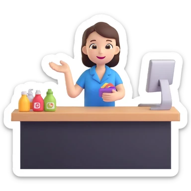 a person happily buying something at a store counter sticker