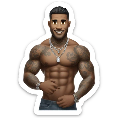 muscular male with tattoos that is wearing a diamond coated white gold necklace, waving hello sticker